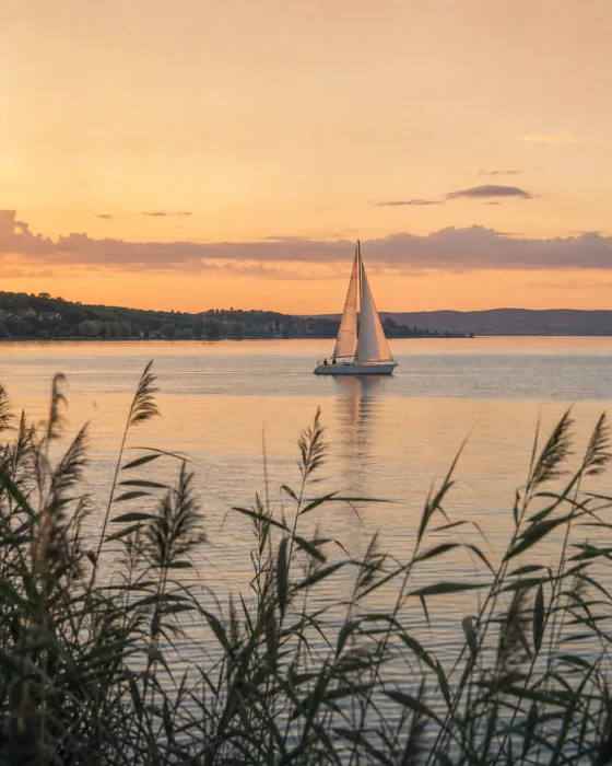 Vitorlás a Balatonon naplementében Zánka közelében